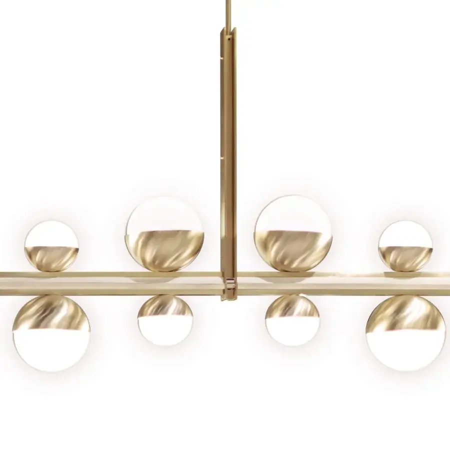 Distinguished Turri Eclipse suspension lamp with opaque white spheres and satin bronze metal structure accented with leather detailing