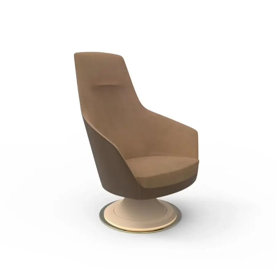 Lavish Vismara Ygritte lounge chair built with light brown Eco Nabuk and Top Grain Leather, showcasing a dark brown lacquered wood and chrome base
