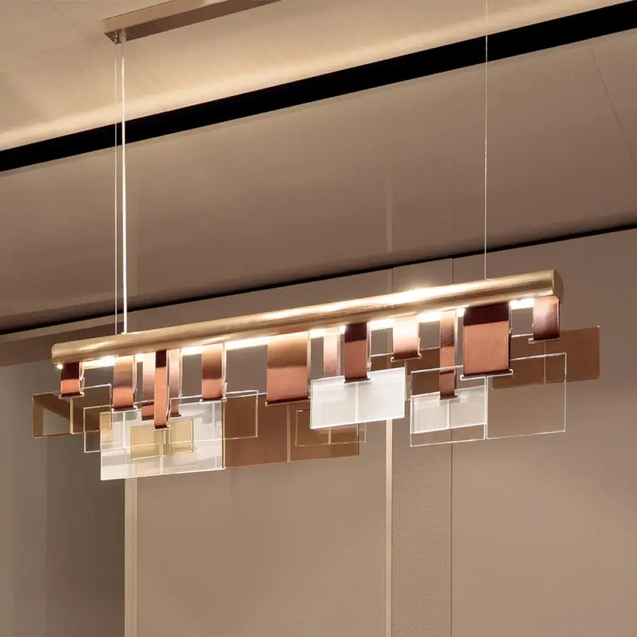 Stylish Turri Eclipse suspension lamp with colored glass elements and leather straps in a brushed metal finish