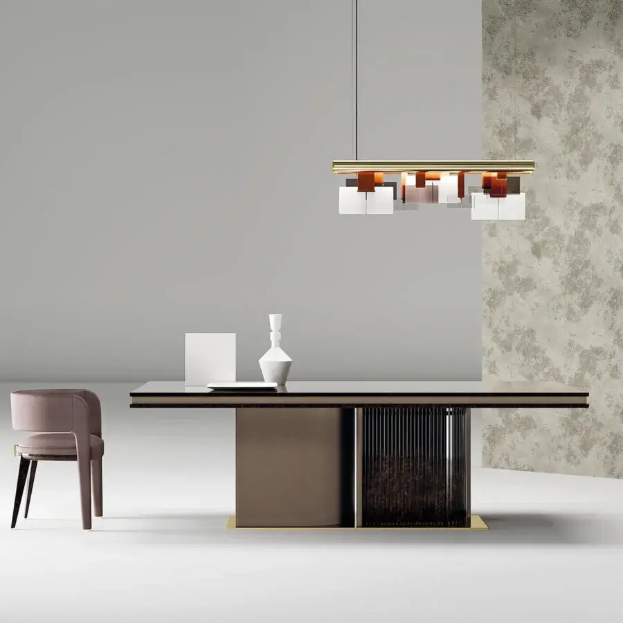 Exceptional Turri Eclipse suspension lamp with gold-toned metal, translucent glass and leather straps crafting unique light reflections