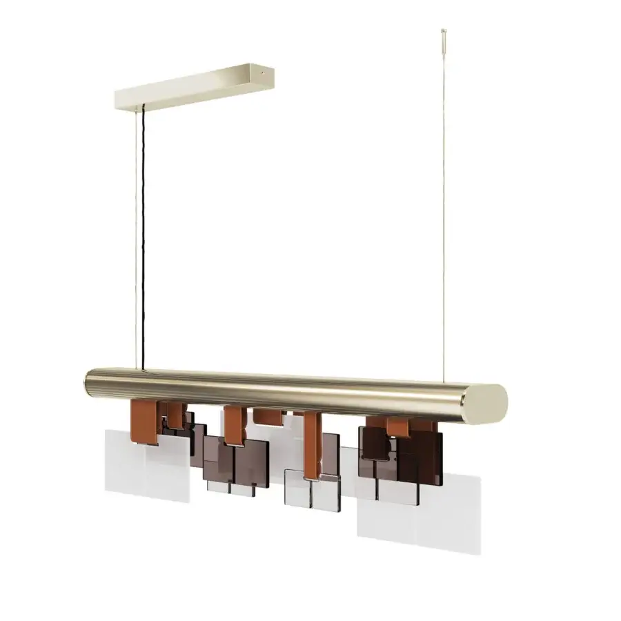 Lavish Turri Eclipse suspension lamp with gold-toned metal, translucent white and tinted brown glass, plus rich leather straps