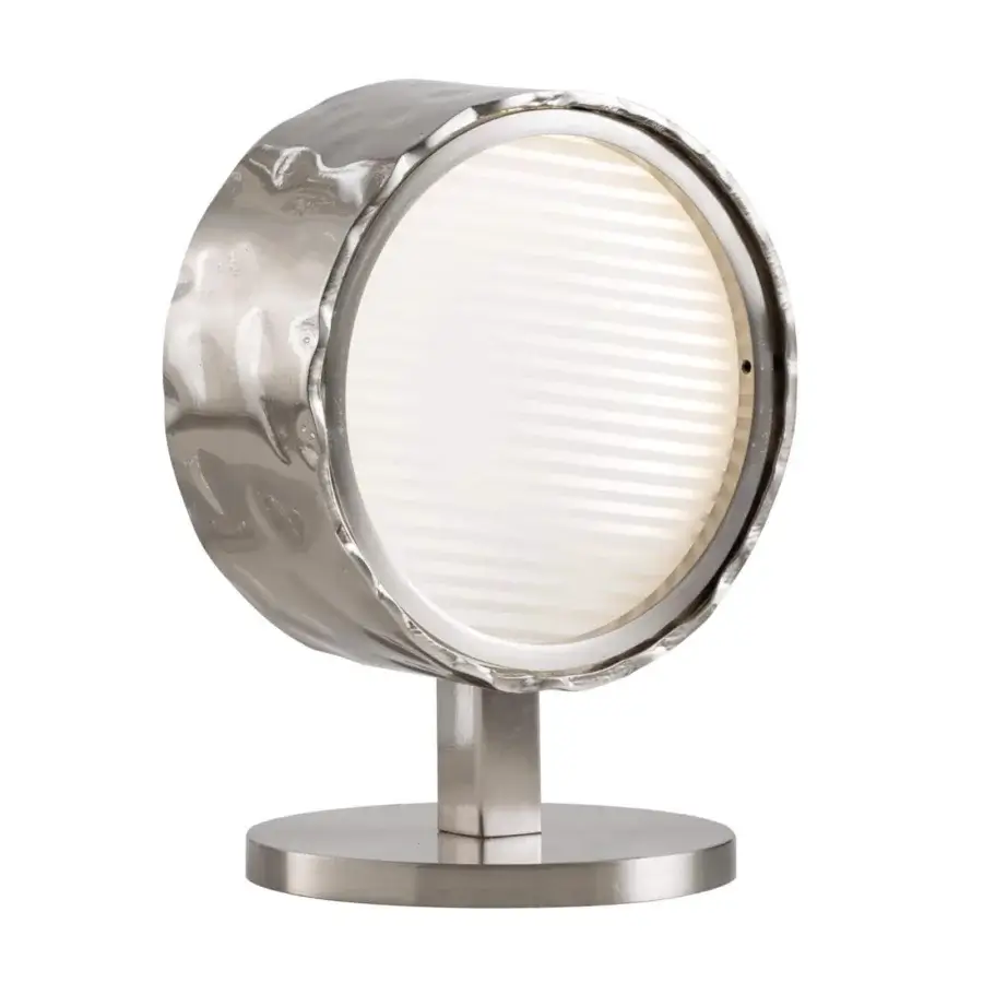 Elegant Stillux Circle table lamp with a striated matt white glass diffuser and reflective chrome-like metal base