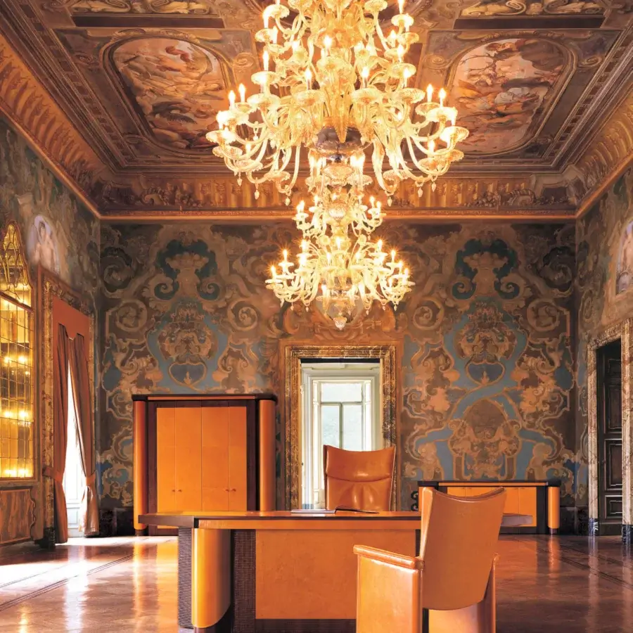 Exceptional Mascheroni Planet conference table built in Italy with a glossy orange finish and integrated cabinet