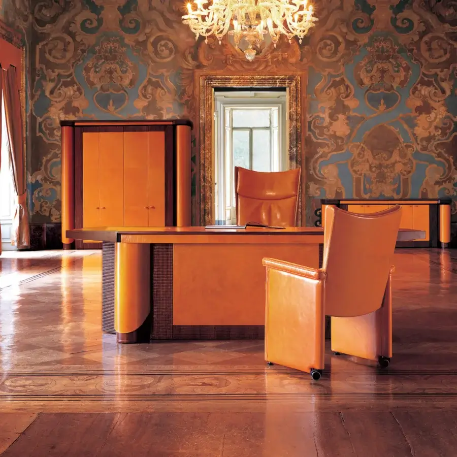 Exceptional Mascheroni Planet conference table crafted in warm orange-brown wood with a glossy ribbed texture finish