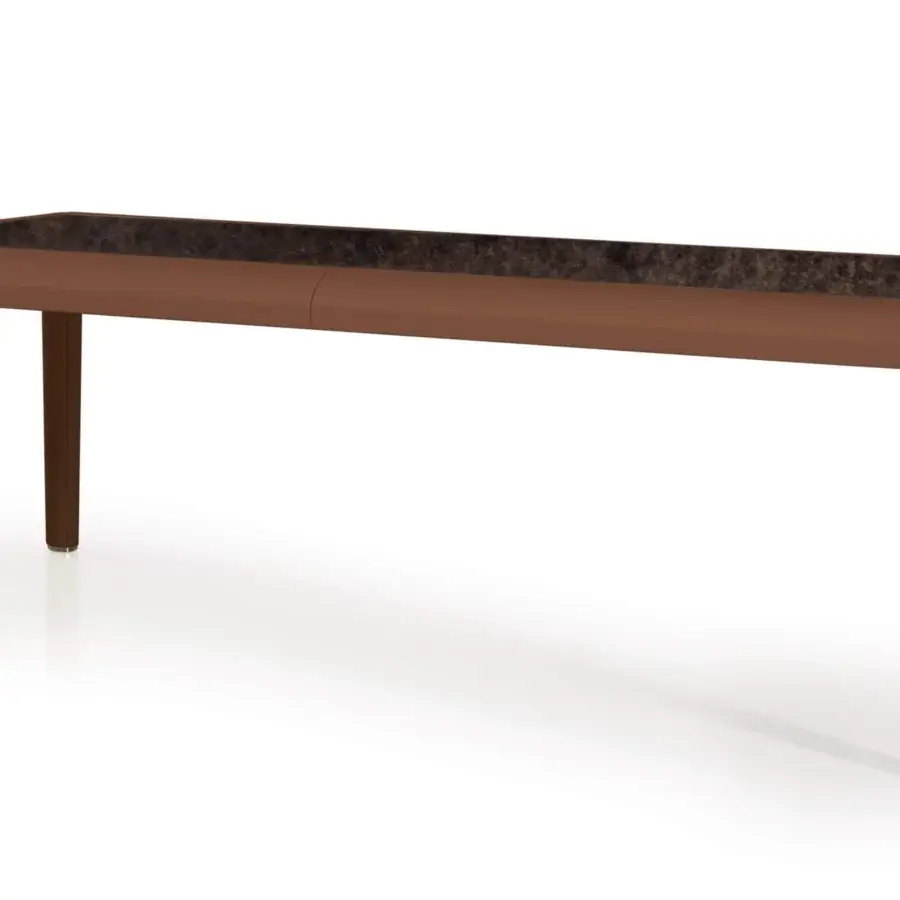 Elegant Turri Eclipse table crafted in Italy with warm brown finish and rounded leather edges, plus grooved wooden legs with gold metal details