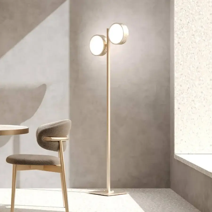 Distinguished Stillux Circle floor lamp with warm gold tone, hammered metal frame and stacked circular matt white glass diffusers crafted in Italy