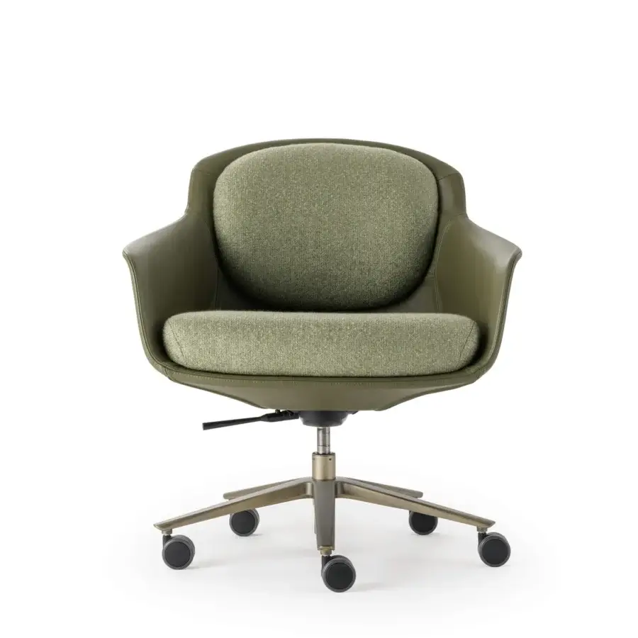 Superior Turri Echo armchair with a welcoming seat upholstered in muted green textile and refined leather shell with rolling casters