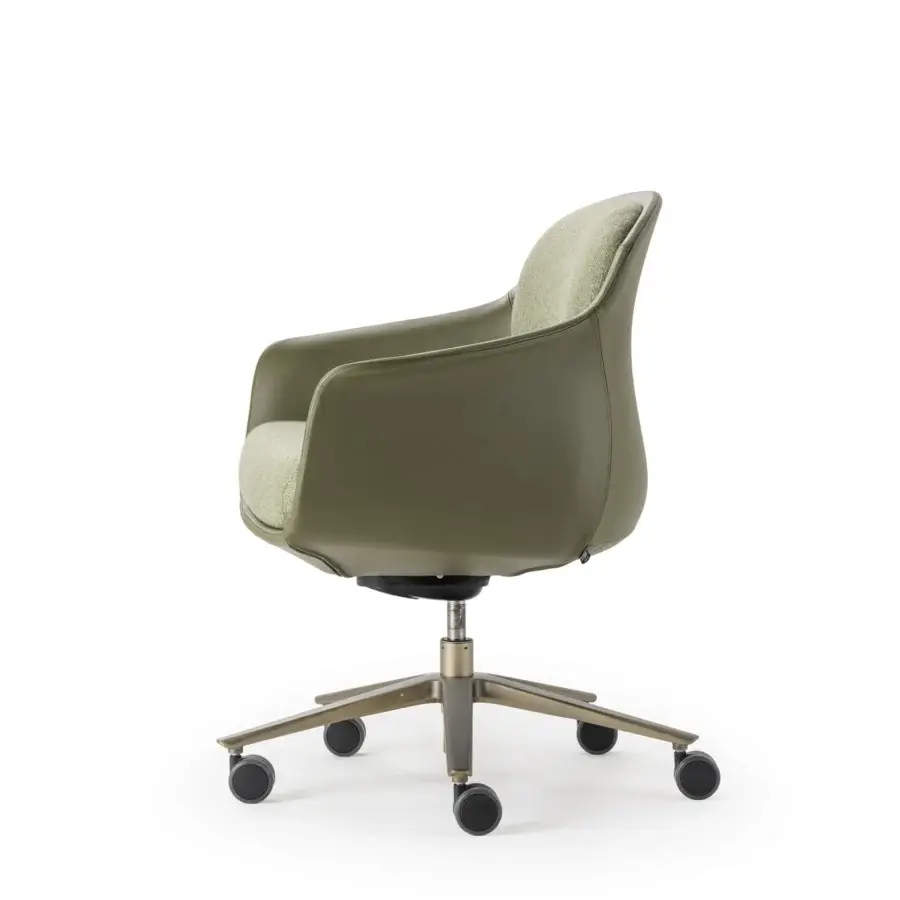 Lavish Turri Echo armchair with olive green leather exterior and woven muted green textile upholstery with a bronzed metal base