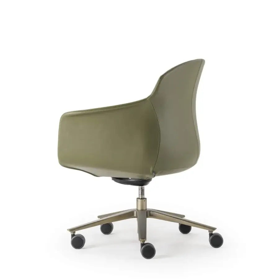Elegant Turri Echo armchair with supple olive green leather and sleek five-legged metal base crafted in Italy