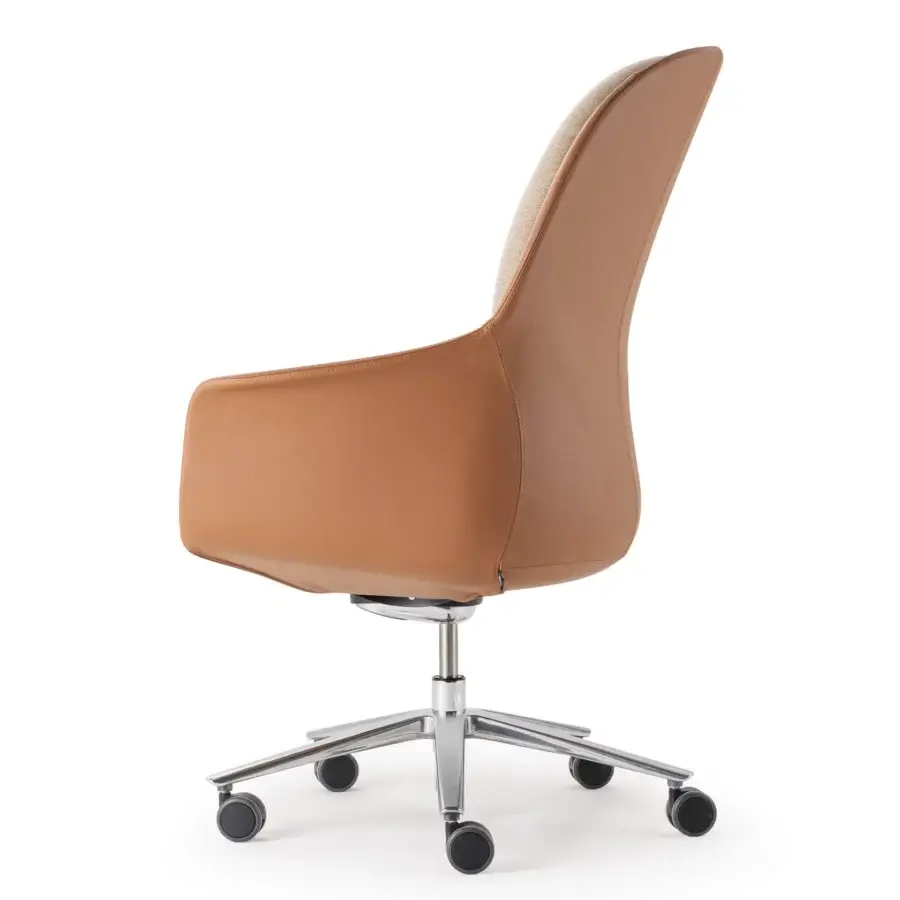 Lavish Turri Echo armchair with smooth medium-brown leather and light textile on a curved backrest built with a metal base