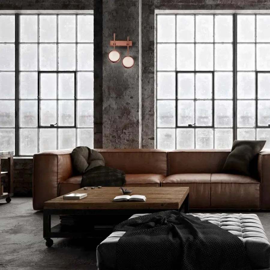 Elegant Stillux Circle wall lamp with circular matt white glass diffusers encased in hammered metal with copper-like finish