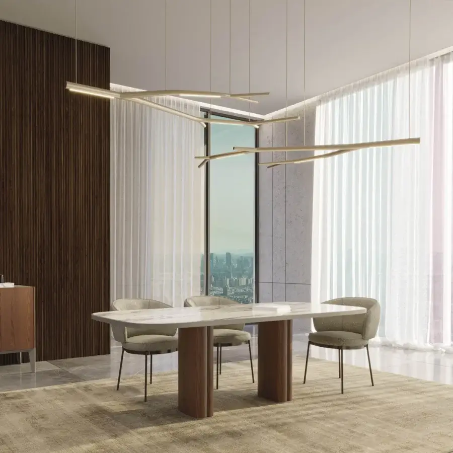 Superior Horm Aira suspension lamp with refined linear LED elements and a light gold brass frame