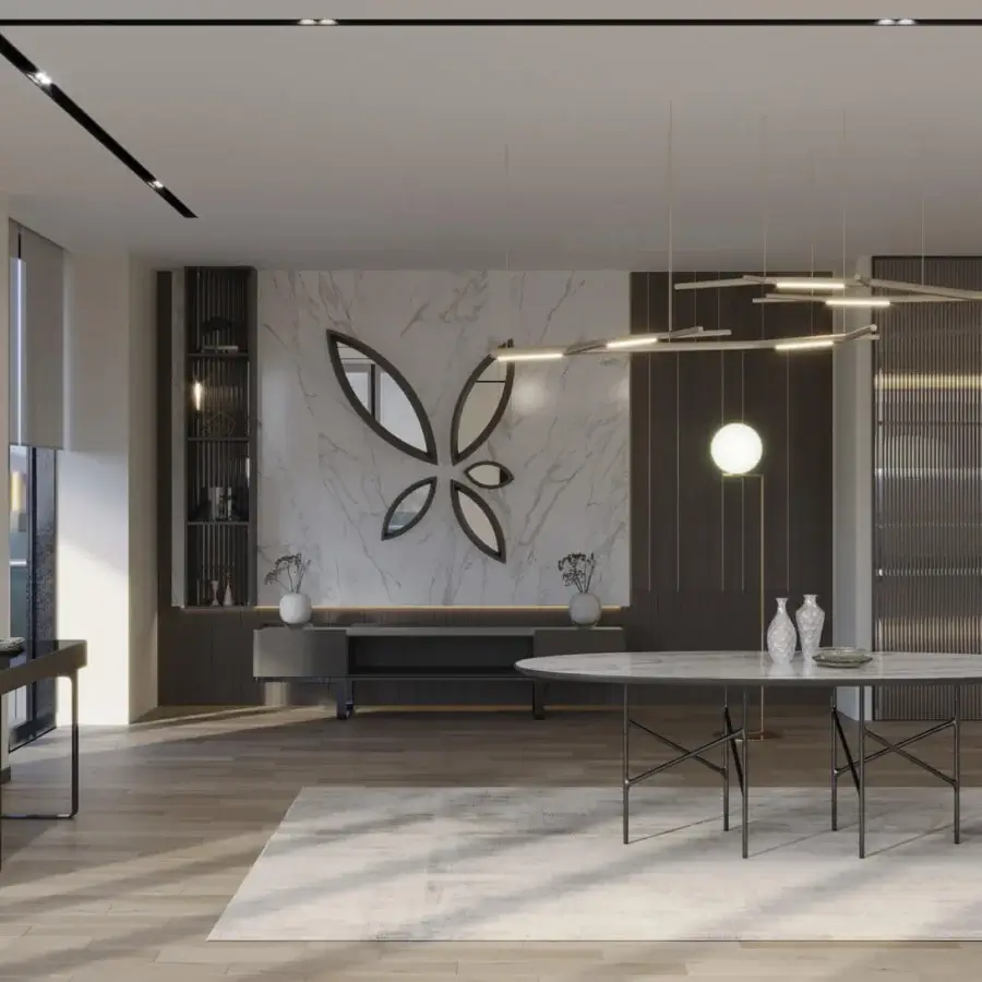 Superior Horm Aira suspension lamp with evenly spaced horizontal bars in satin gold-painted brass and integrated light sources