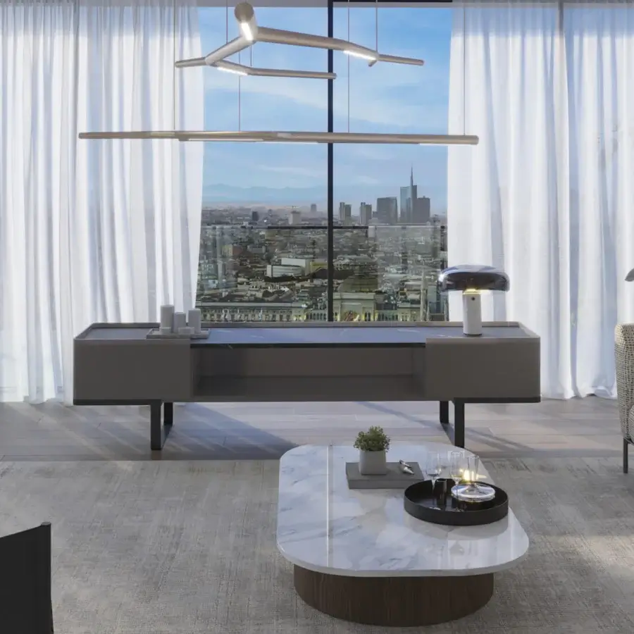 Superior Horm Aira suspension lamp with a light neutral tone and clean geometric lines crafted in brass