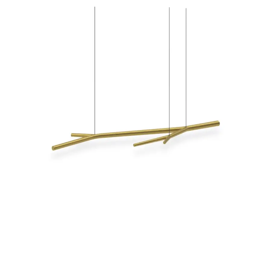 Exclusive Horm Aira suspension lamp with a gold painted brass frame and thin black cables evoking organic minimalist design