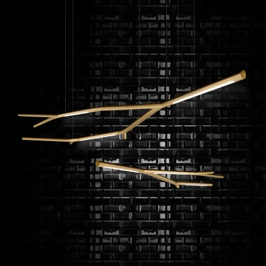 Distinguished Horm Aira suspension lamp crafted with a glossy gold painted brass frame and integrated light strips