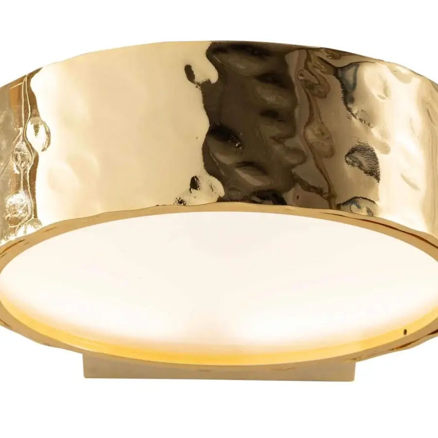 Distinguished Stillux Circle wall lamp with a circular matt white glass diffuser and refined hammered gold frame