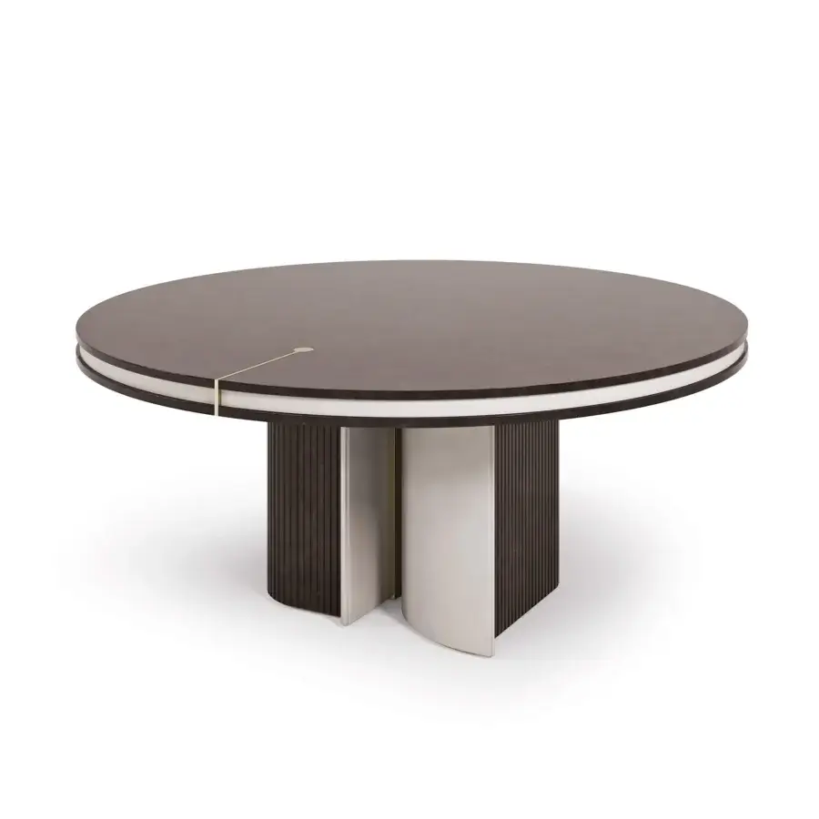 Innovative Turri Eclipse table with a round dark matte wood tabletop and grooved wood base featuring light beige leather inserts