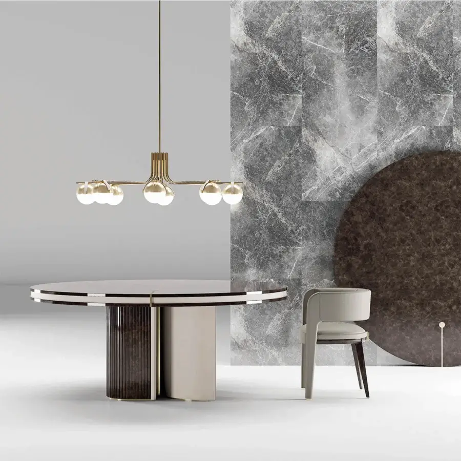 Distinguished Turri Eclipse table with a round light tabletop encircled by darker bands and a glossy wood base crafted with leather inserts