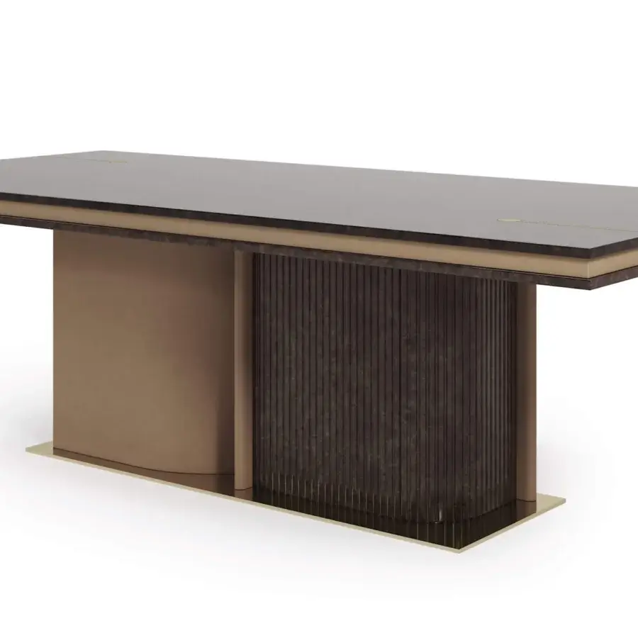 Superior Turri Eclipse table with a dark top, leather inserts and grooved wood base with gold metal details