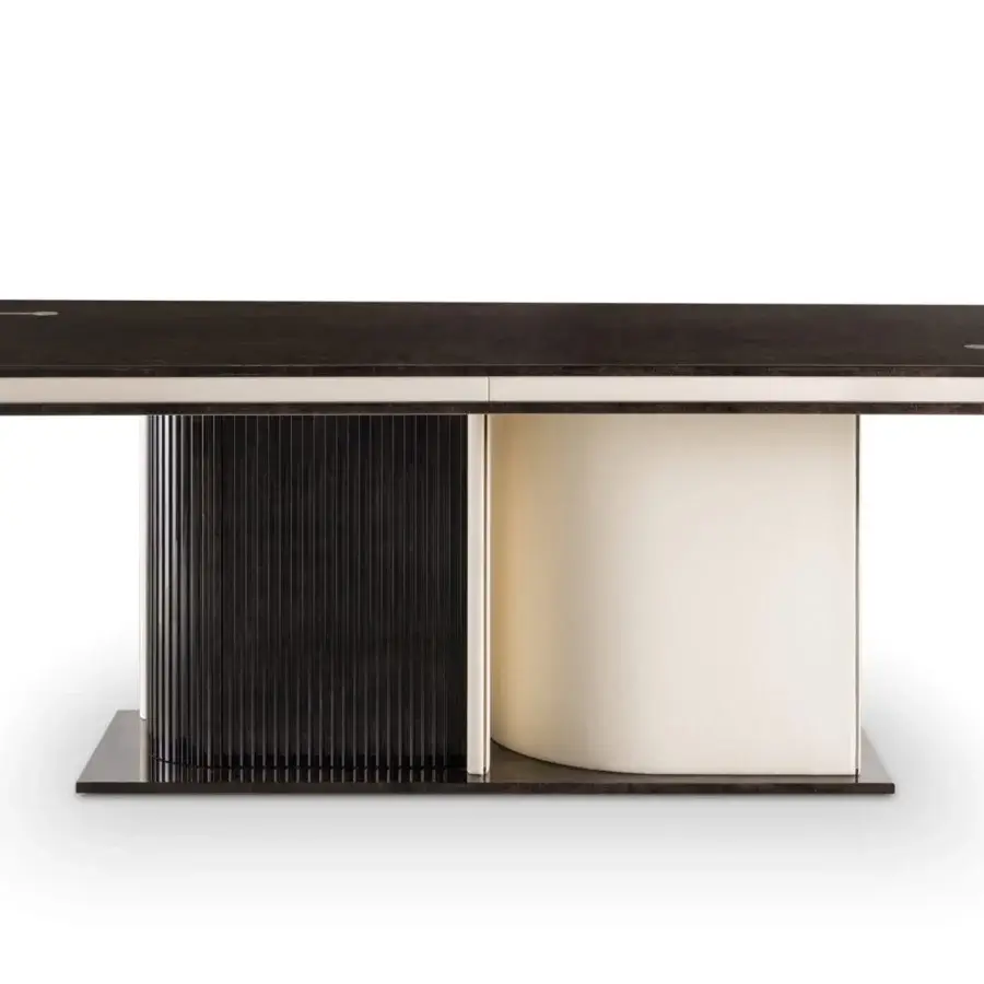 Distinguished Turri Eclipse table with a dark brown matte rectangular top, leather inserts and gold metal details