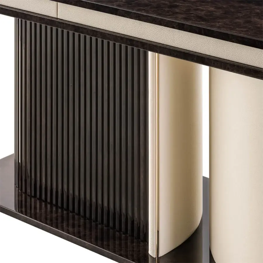 Superior Turri Eclipse table with a dark brown rectangular top, cream border, gold metal accents and leather detailing
