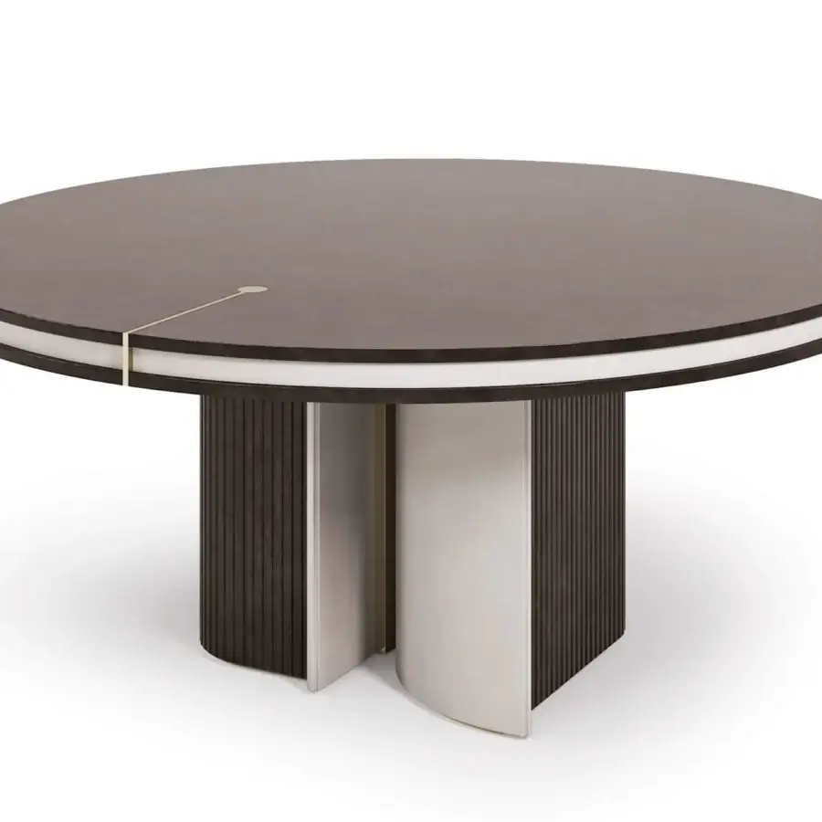 Distinguished Turri Eclipse table with a dark tabletop, grooved wood base and light leather inserts crafted with gold metal details
