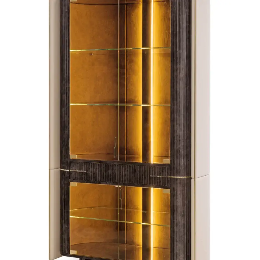 Exclusive Turri Eclipse showcase built with dark brown ribbed wood, beige leather panels, and golden interior with glass doors