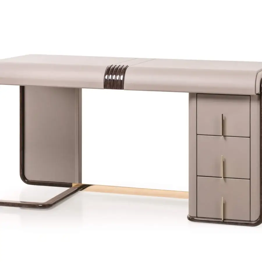 Superior Turri Eclipse desk with a curved light beige glossy lacquered wooden structure and gold metal accents