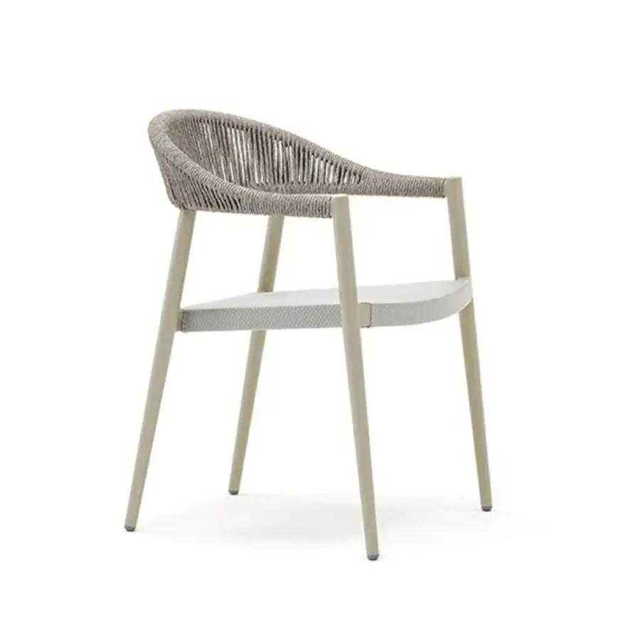 Exceptional Varaschin Clever armchair with light beige powder coated aluminum, grey textilene seat and synthetic cord backrest