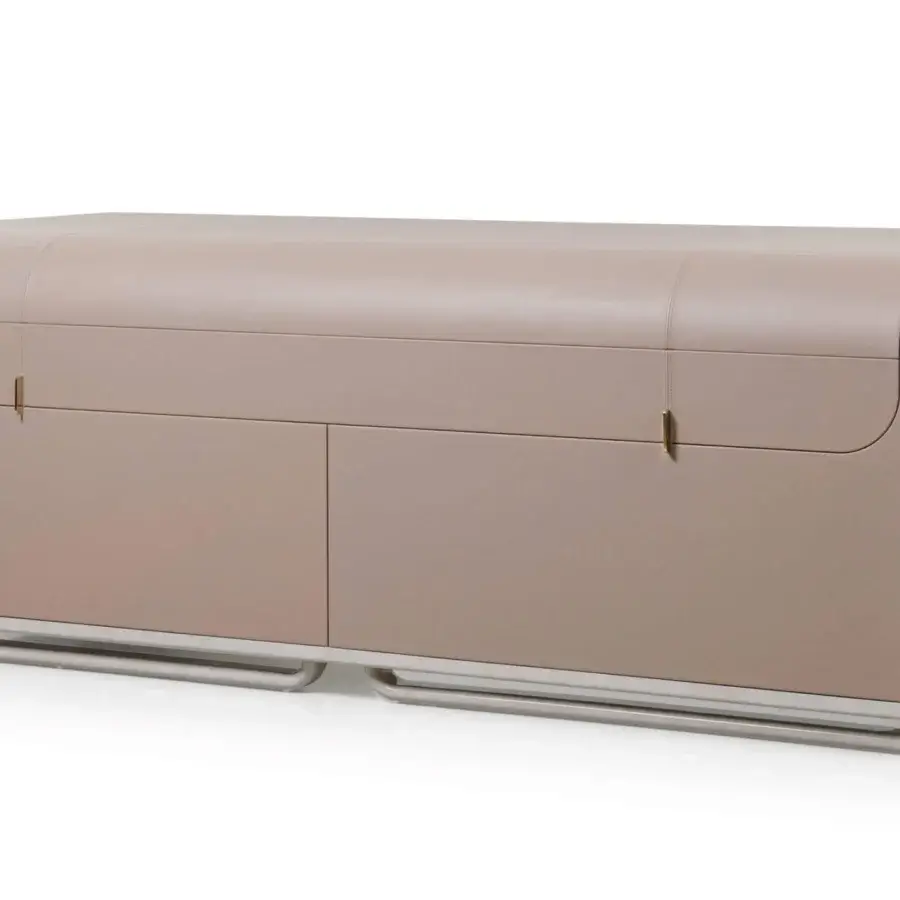 Distinguished Turri Eclipse desk with curved wooden structure, light beige synthetic material and gold metal accents in glossy lacquer