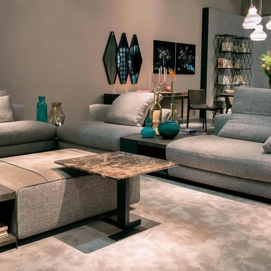 Superior Arketipo Atlas sectional with light gray textured textile upholstery and matte finish