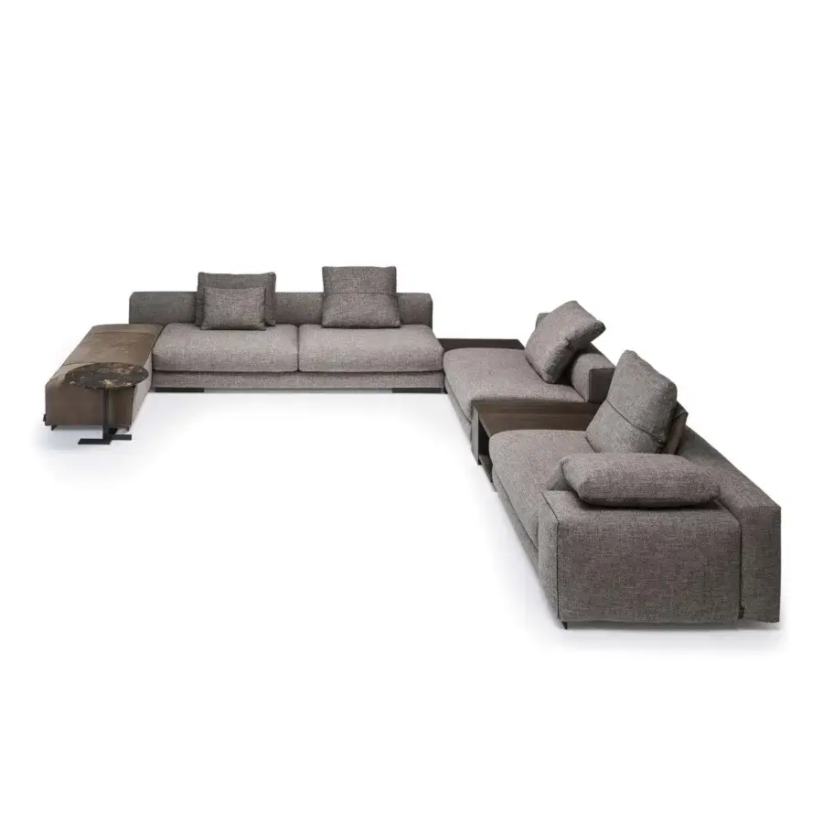 Elegant Arketipo Atlas sectional with medium gray woven textile upholstery and dark brown wood trim