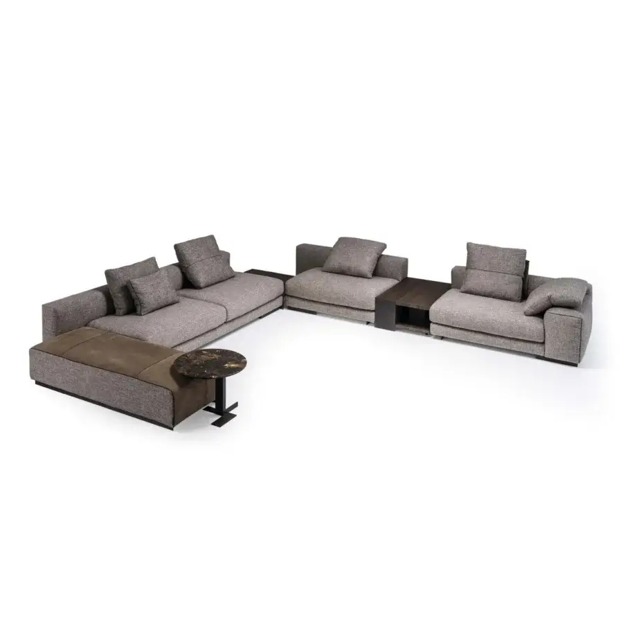 Distinguished Arketipo Atlas sectional with medium gray tightly woven textile upholstery and dark brown wood-like accents