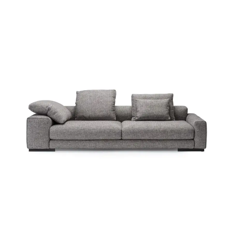 Superior Arketipo Atlas sofa with textured gray textile upholstery and a dark base expressing minimalist Italian design