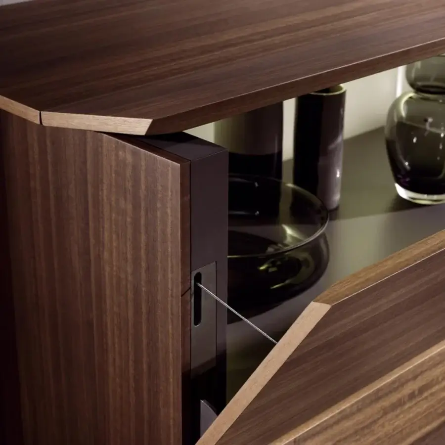 Distinguished Acerbis Grand Buffet sideboard with geometric silhouette and dark brown wood finish crafted in Italy