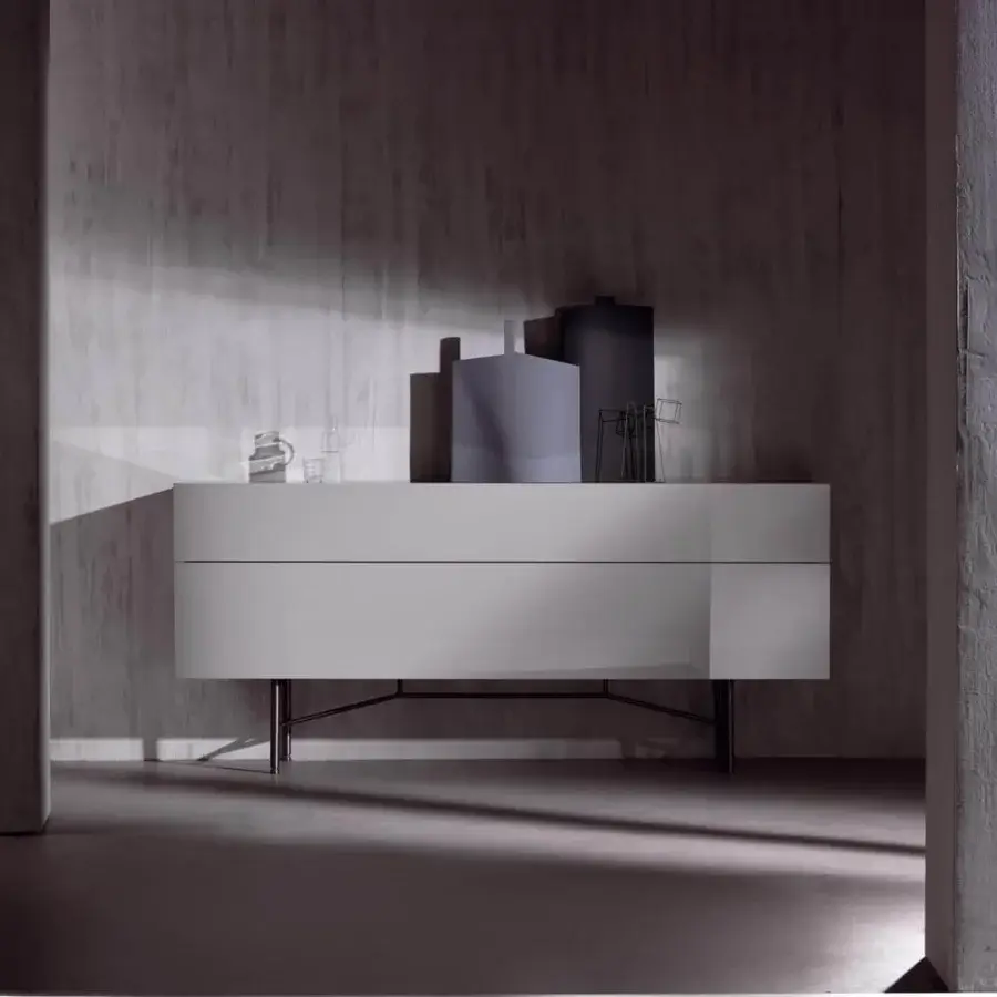 Elegant Acerbis Grand Buffet sideboard in light gray with glossy finish and unique Dual-Flap opening revealing a backlit interior