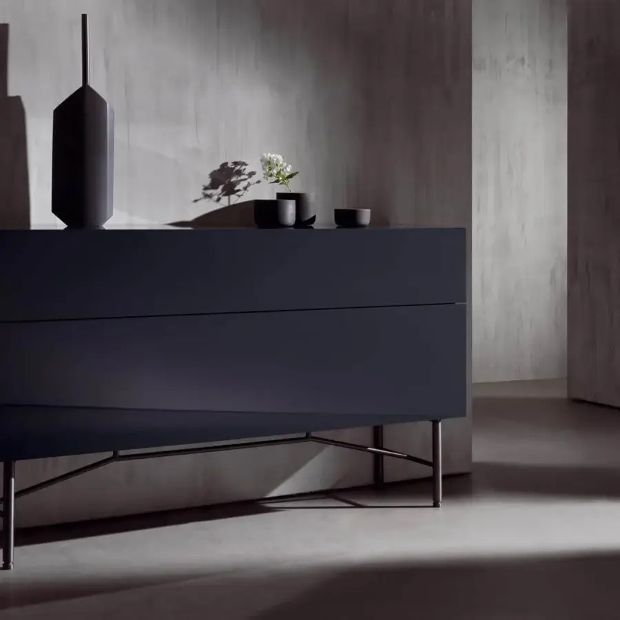 Exceptional Acerbis Grand Buffet sideboard with dark blue matte finish and refined metal base crafted in Italy