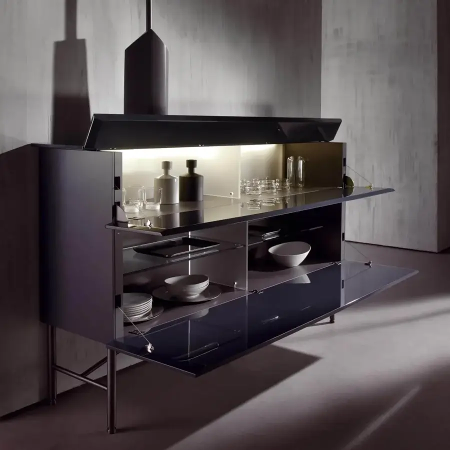 Distinguished Acerbis Grand Buffet sideboard in glossy dark synthetic material with thin metal legs and reflective finish