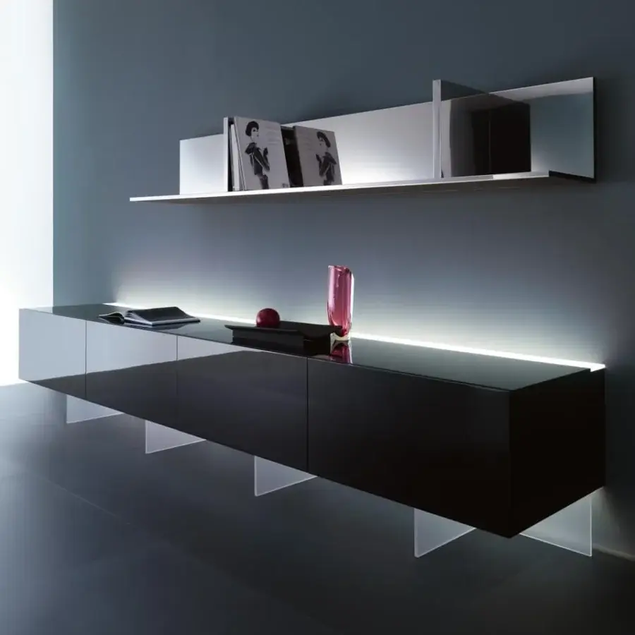 Elegant Acerbis N.C sideboard with rear-lighting and clear angled supports presents a glossy dark finish for contemporary spaces