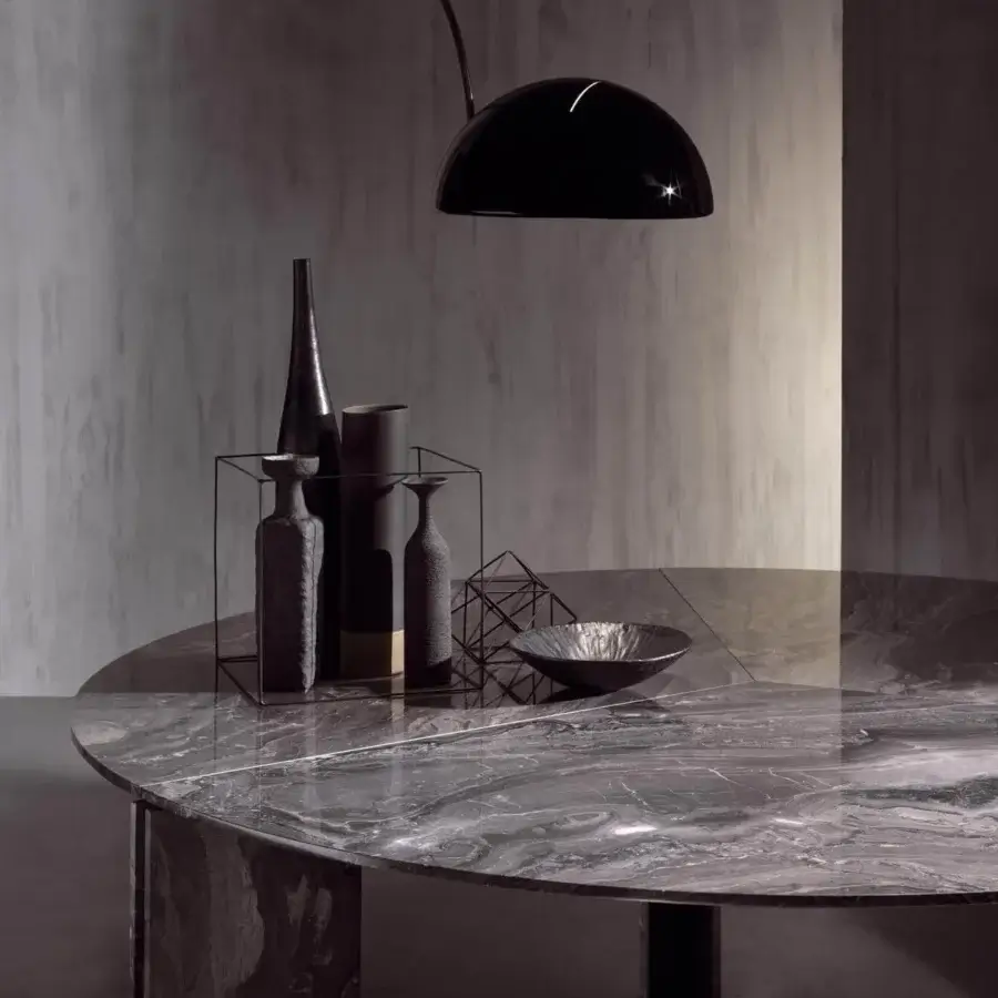 Superior Acerbis Maxwell table crafted in stone and metal with a swirling gray marble-like pattern and matte finish