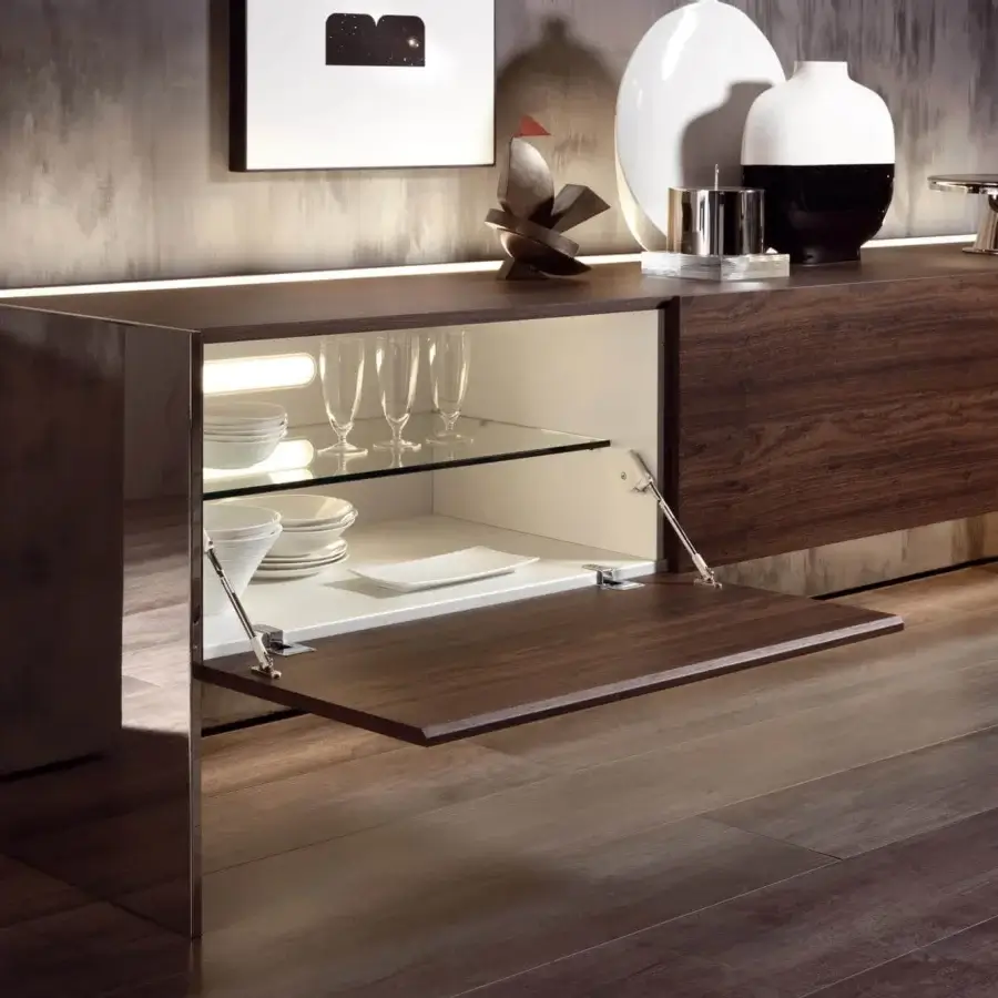 Superior Acerbis Steel sideboard with dark brown wood tone and mirror polished steel legs, boasting a glossy finish