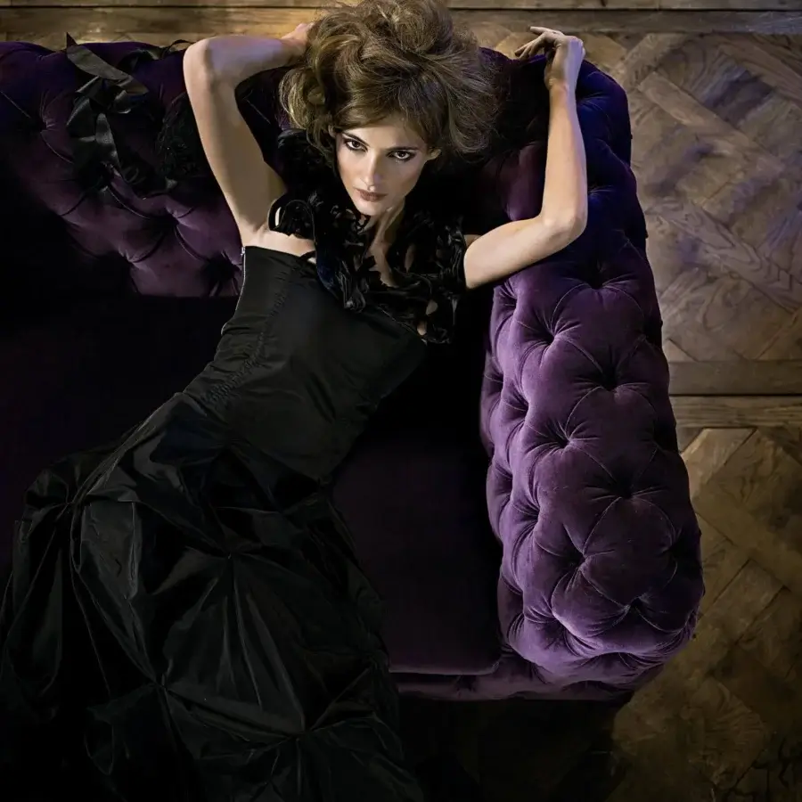 Exceptional Arketipo Windsor sofa handcrafted in Italy with sumptuous purple velvet upholstery and black accents
