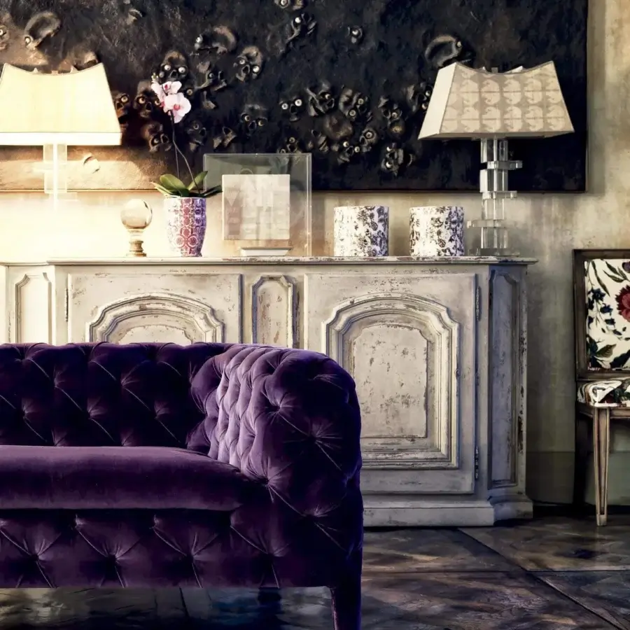 Superior Arketipo Windsor sofa crafted in Italy with plush purple velvet upholstery and meticulous diamond button-tufting