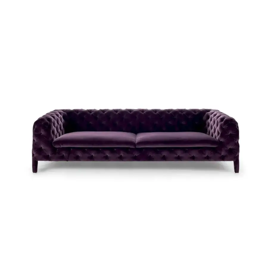 Lavish Arketipo Windsor sofa with high-end tufted upholstery in deep purple plush textile and classic button-tufted design