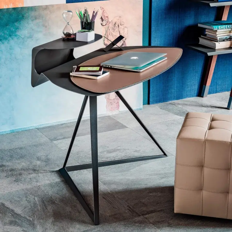 Superior Cattelan Italia Storm desk with titanium embossed lacquered steel structure and matte black top with brown leather insert