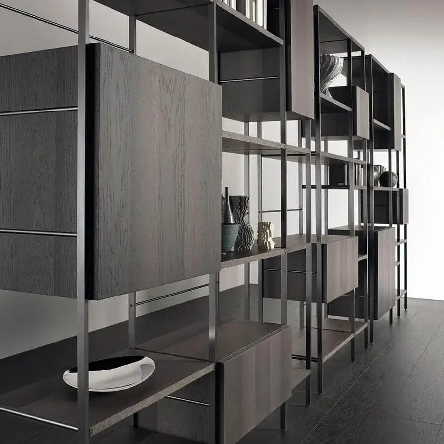Exceptional Acerbis Outline bookcase with wood-grain finish and sleek dark gray metal frame crafted in Italy