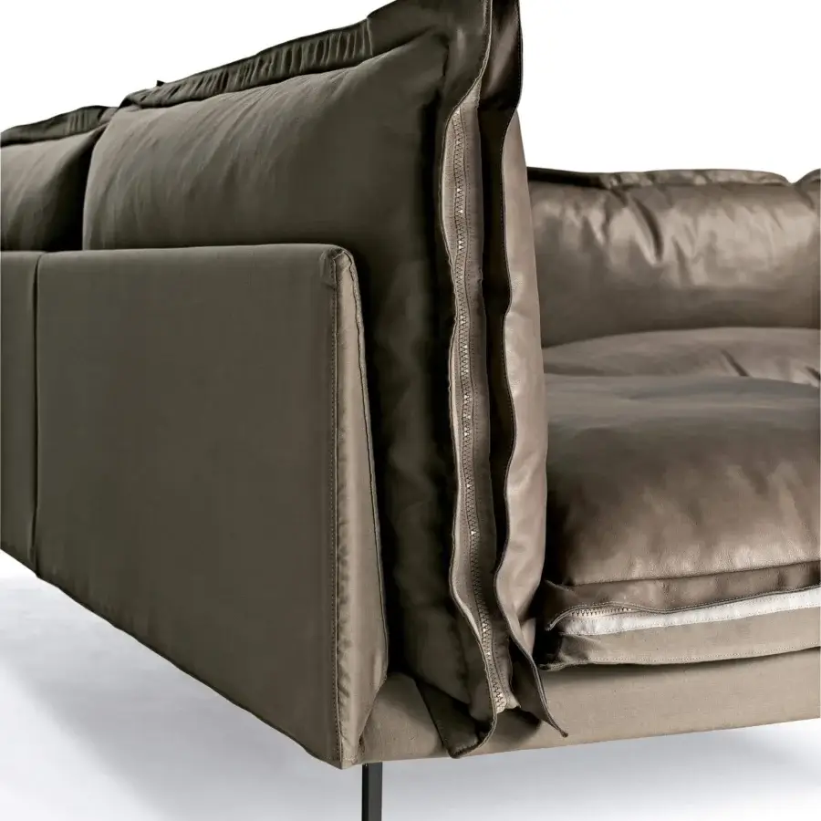 Exceptional Arketipo Auto-Reverse sectional built with dark brown matte leather and contrasting lighter textile held together with zippers