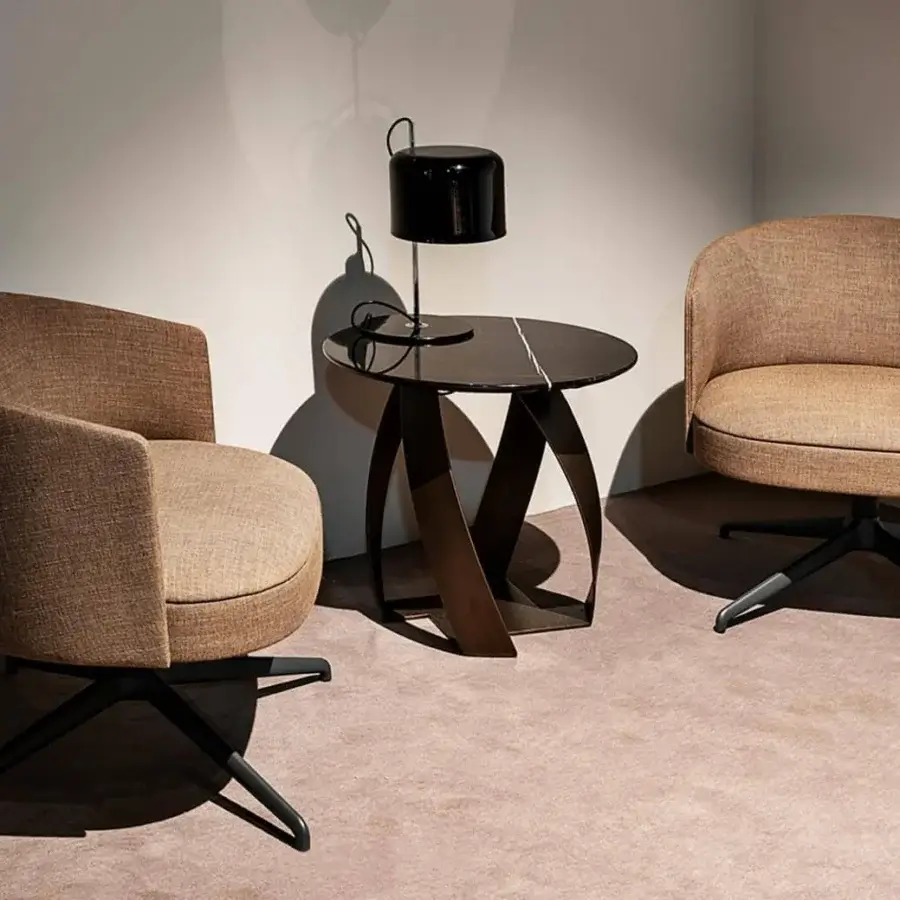 Distinguished Potocco Lena lounge chair with rounded warm brown woven textile upholstery and dark metal swivel base