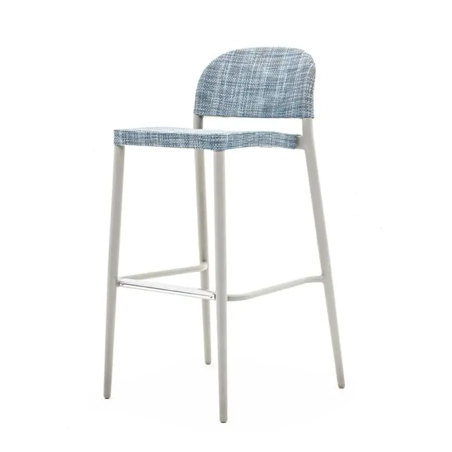 Elegant Varaschin Clever stool with light grey powder-coated aluminum and woven blue and white VAR#TEX technical fabric seat